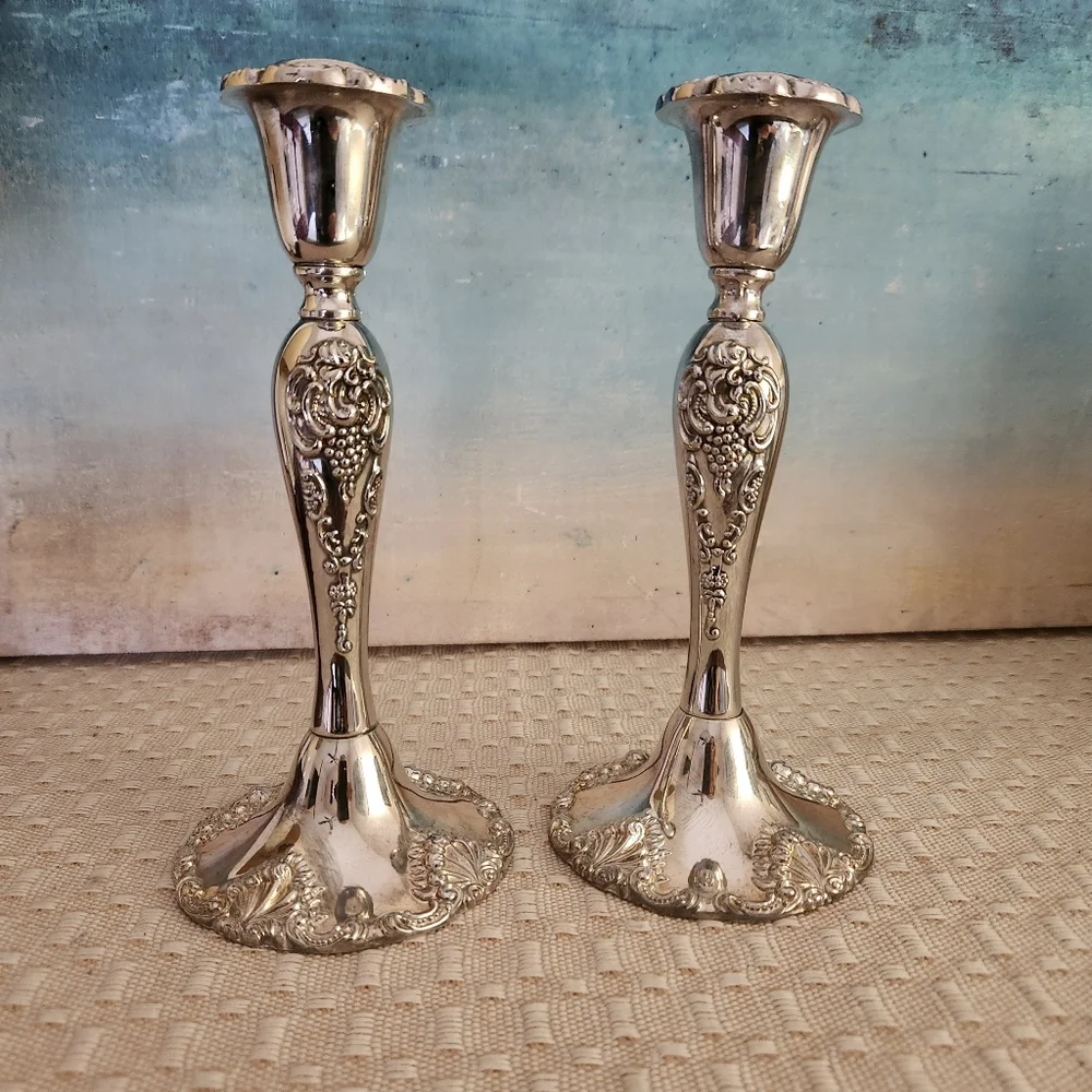 VTG Godinger Mid Century Baroque Style Set of(2) Candlesticks Ornate Silverplate